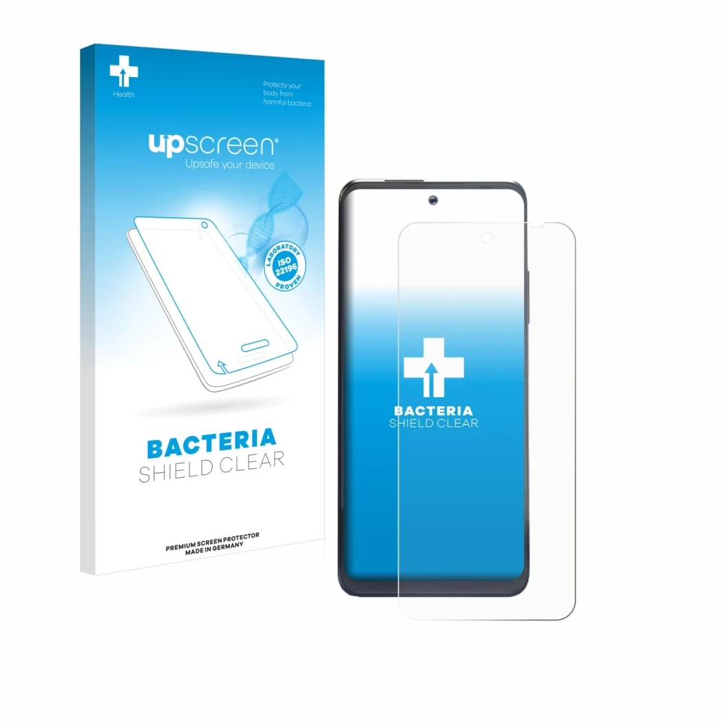 Face avant d’un emballage produit avec le logo de la marque upscreen. À côté, l’appareil Thuraya One est représenté avec la pr