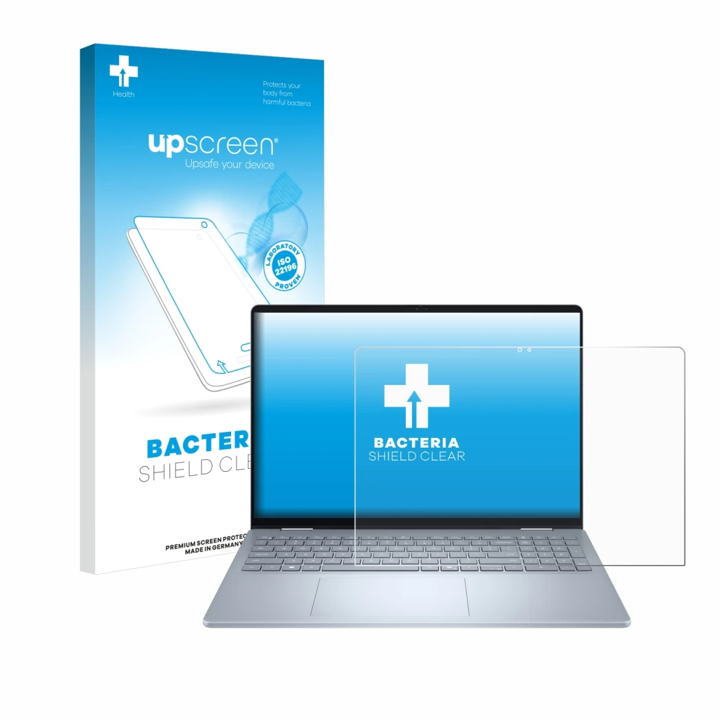 Face avant d’un emballage produit avec le logo de la marque upscreen. À côté, l’appareil Dell 16 Plus-2-in-1 est représenté av