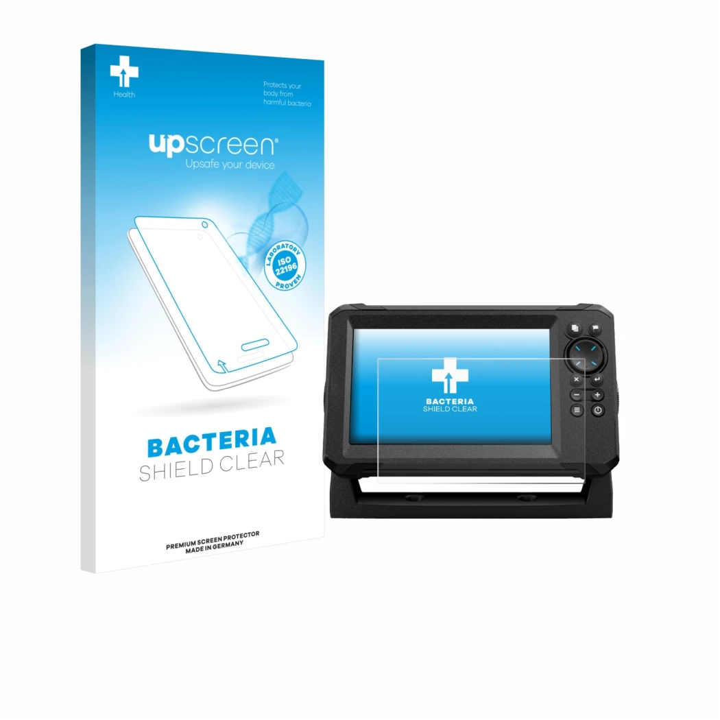 Face avant d’un emballage produit avec le logo de la marque upscreen. À côté, l’appareil Lowrance Eagle 7 est représenté avec 