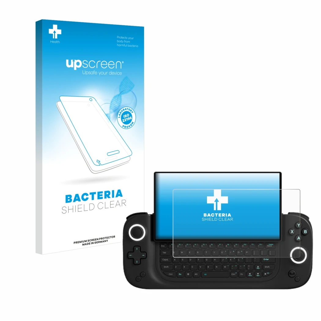 Face avant d’un emballage produit avec le logo de la marque upscreen. À côté, l’appareil Antec Core HS est représenté avec la