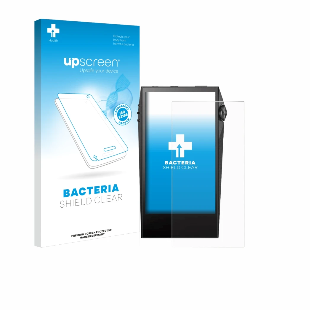 Face avant d’un emballage produit avec le logo de la marque upscreen. À côté, l’appareil Astell&Kern SP3000M est représenté av