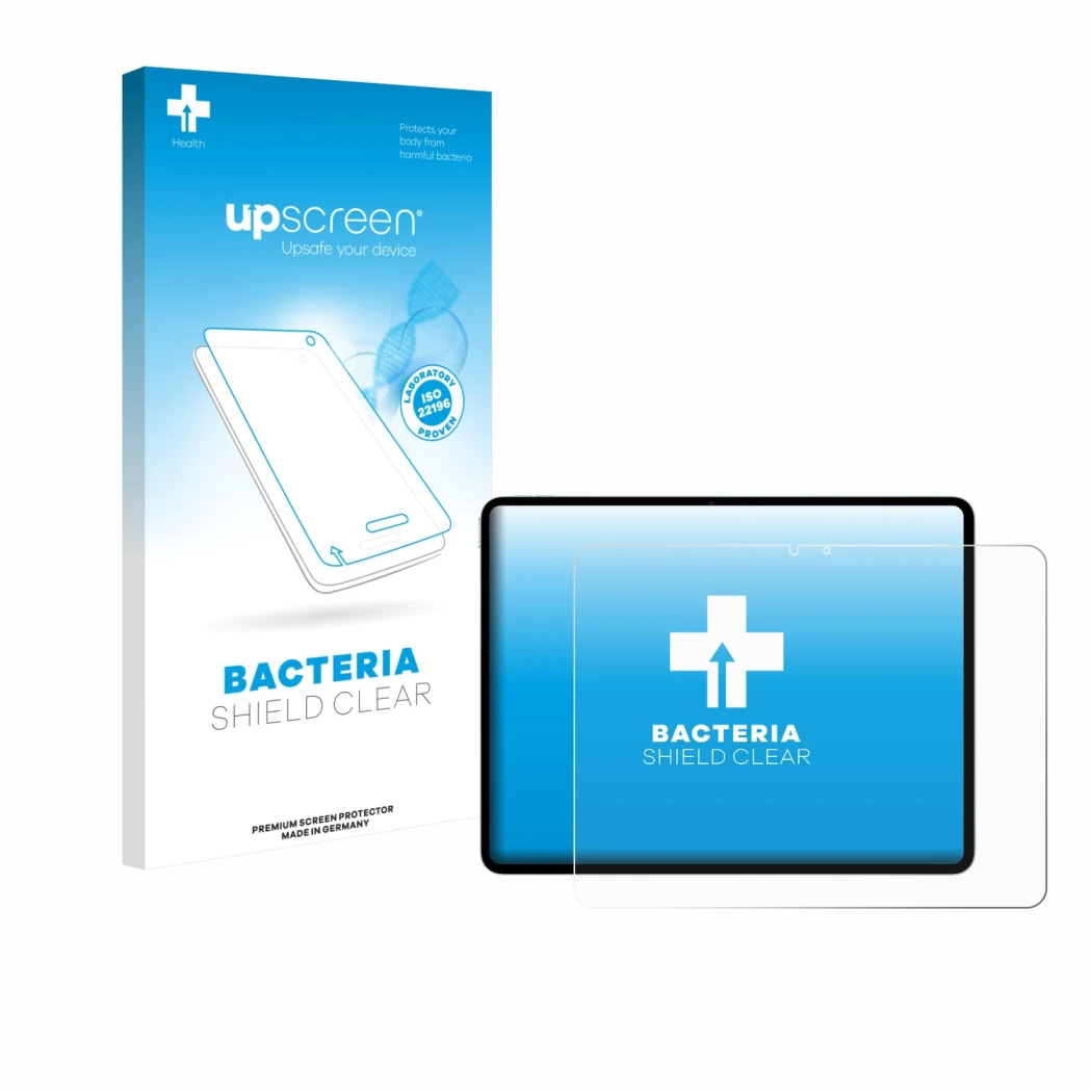 Face avant d’un emballage produit avec le logo de la marque upscreen. À côté, l’appareil Apple iPad Air 13