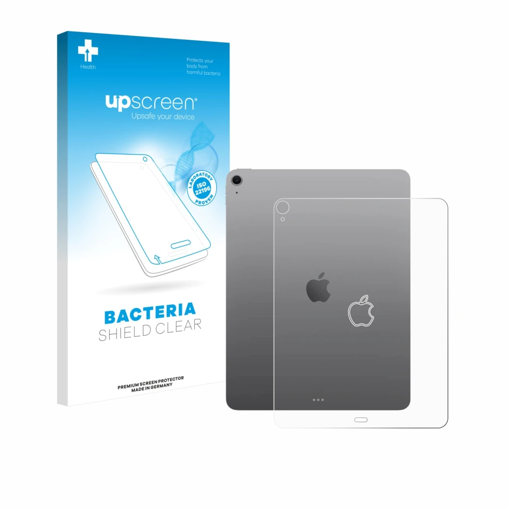 Face avant d’un emballage produit avec le logo de la marque upscreen. À côté, l’appareil Apple iPad Air 13