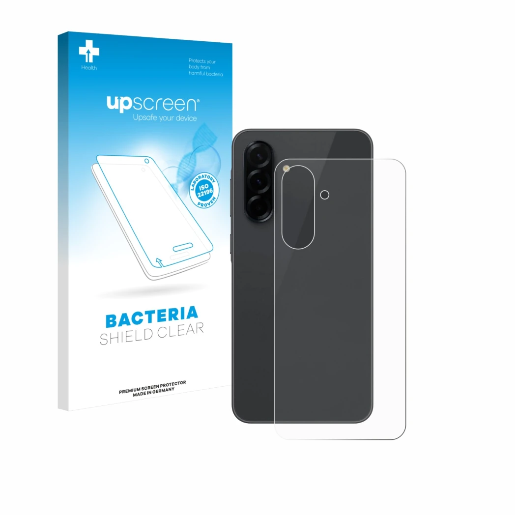 Face avant d’un emballage produit avec le logo de la marque upscreen. À côté, l’appareil Samsung Galaxy A36 5G (Arrière) est r