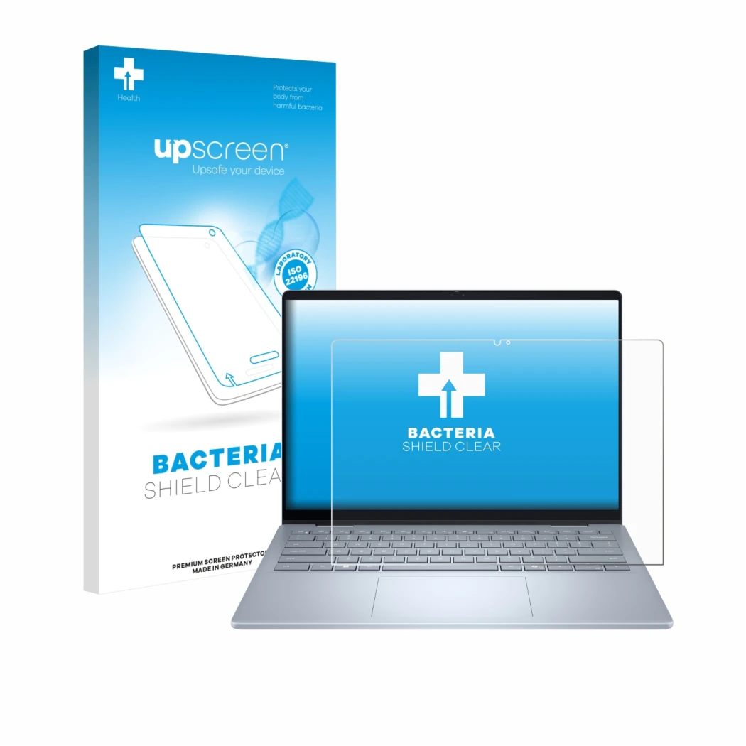Face avant d’un emballage produit avec le logo de la marque upscreen. À côté, l’appareil Dell 14 Plus 2-in-1 est représenté av