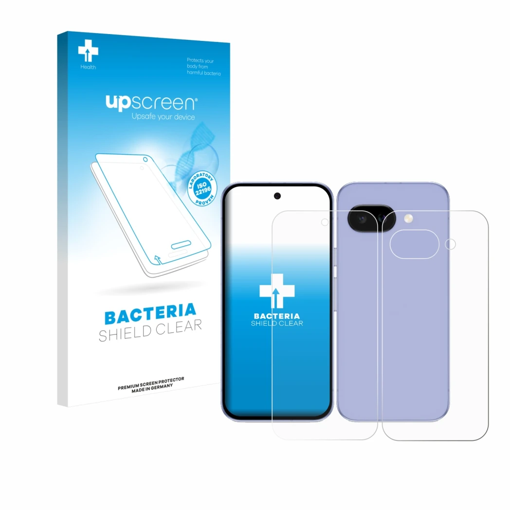 Face avant d’un emballage produit avec le logo de la marque upscreen. À côté, l’appareil Google Pixel 9a (Avant+Arrière) est r