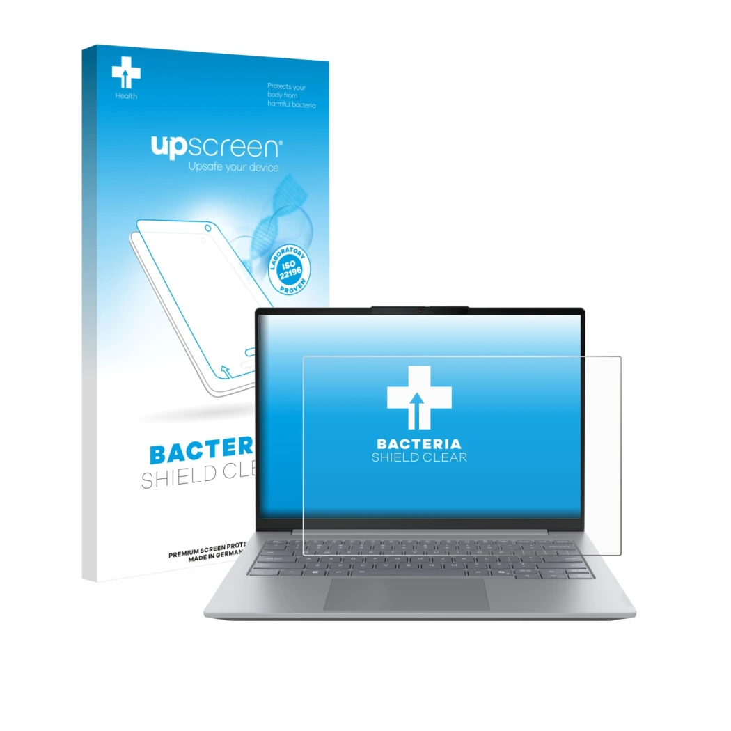 Face avant d’un emballage produit avec le logo de la marque upscreen. À côté, l’appareil Lenovo ThinkBook 14 Gen 8 est représe