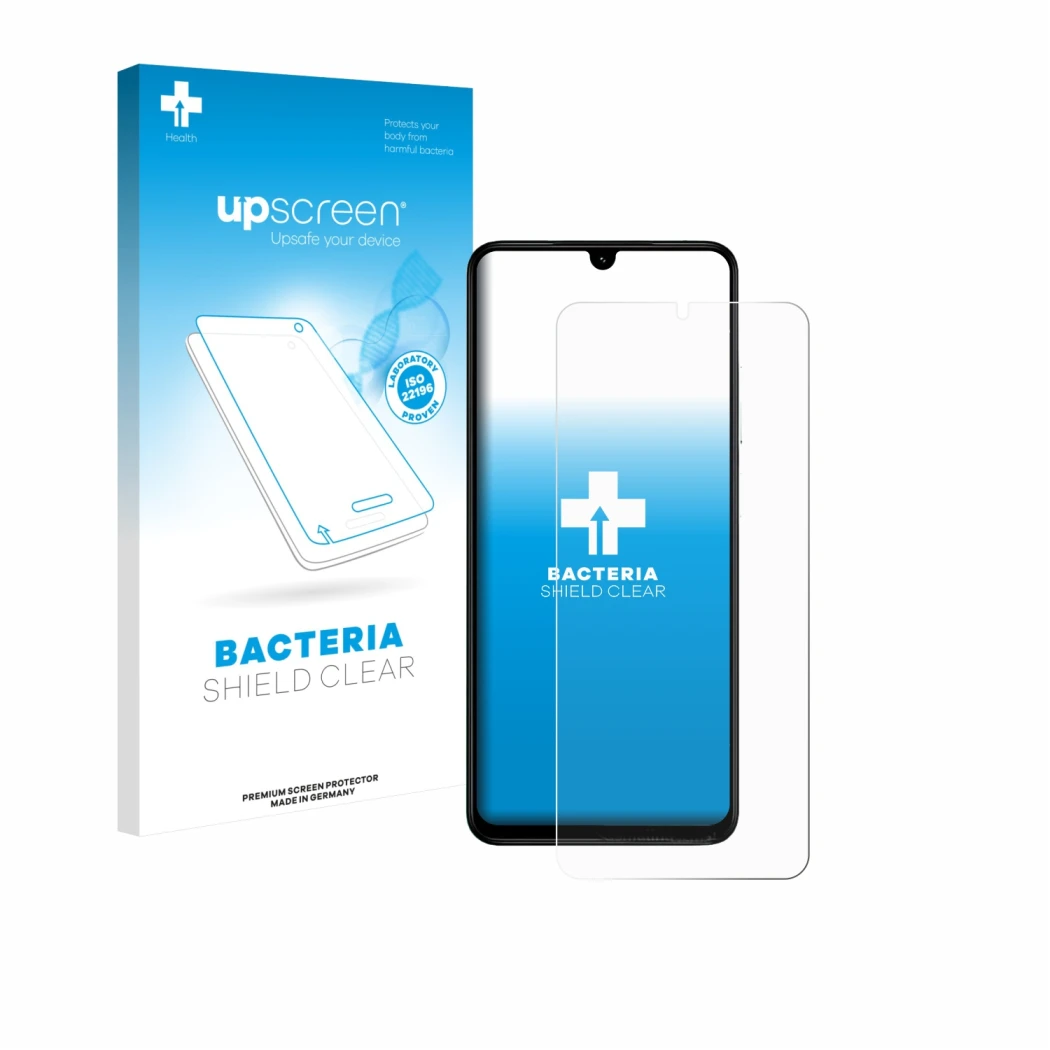 Face avant d’un emballage produit avec le logo de la marque upscreen. À côté, l’appareil Xiaomi Poco C71 est représenté avec l
