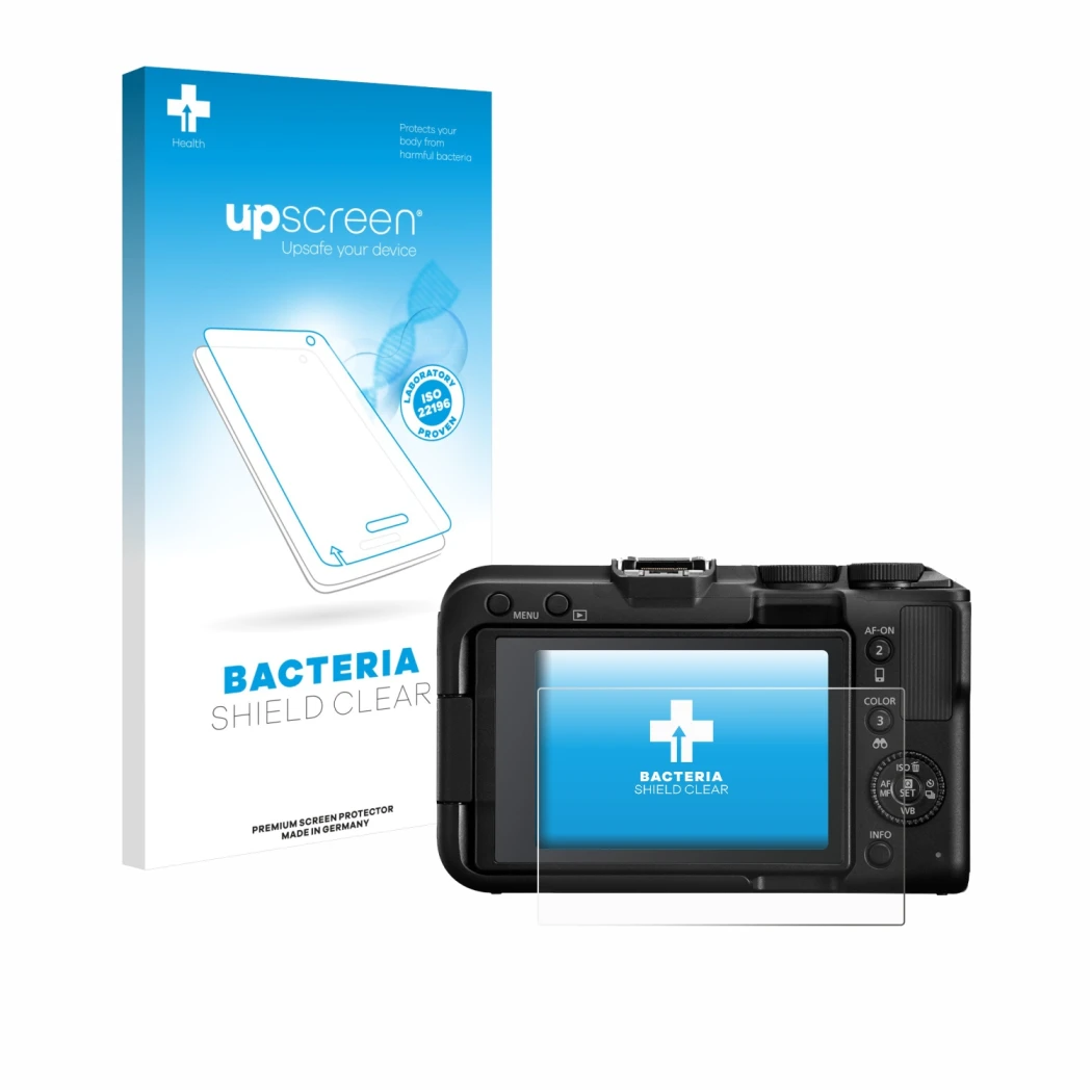 Face avant d’un emballage produit avec le logo de la marque upscreen. À côté, l’appareil Canon EOS R50 V est représenté avec l