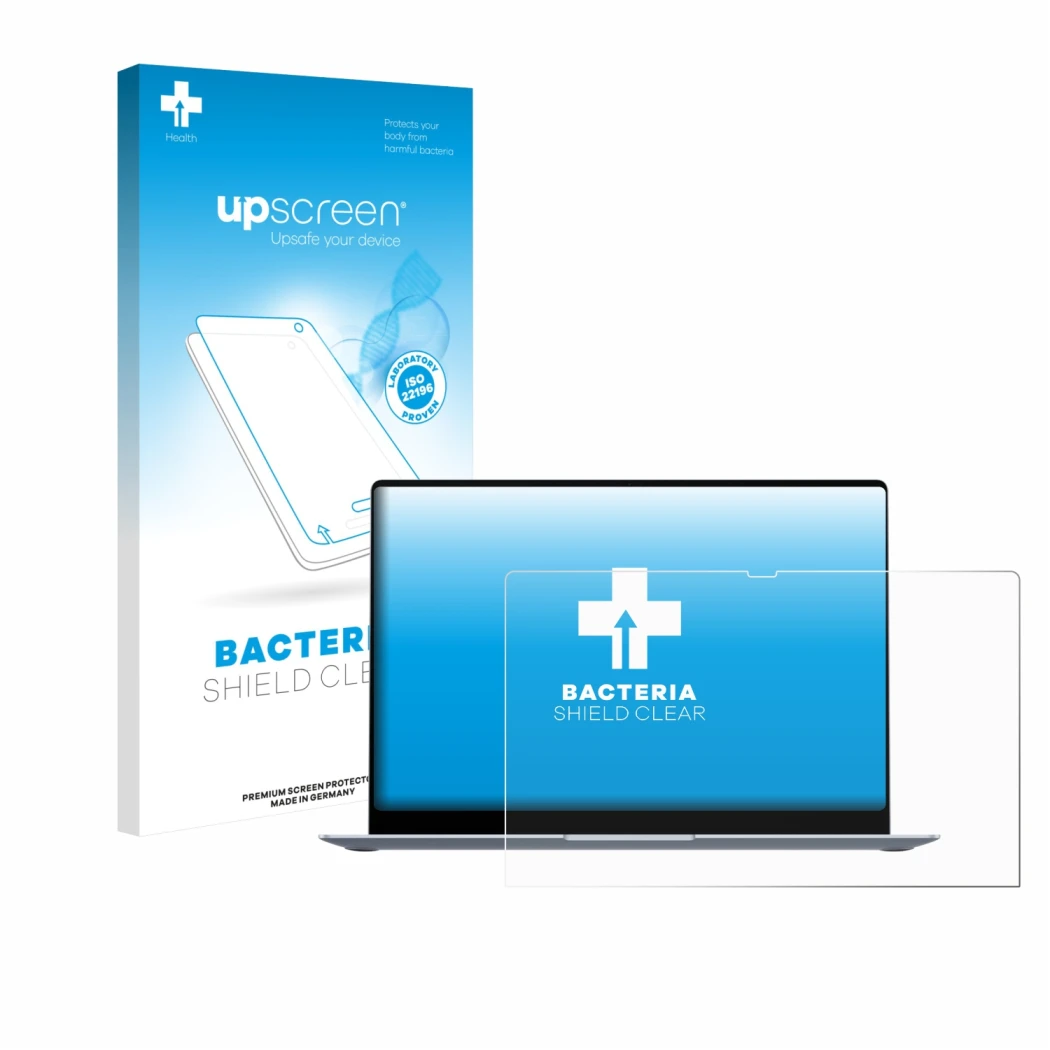 Face avant d’un emballage produit avec le logo de la marque upscreen. À côté, l’appareil Samsung Galaxy Book4 15.6