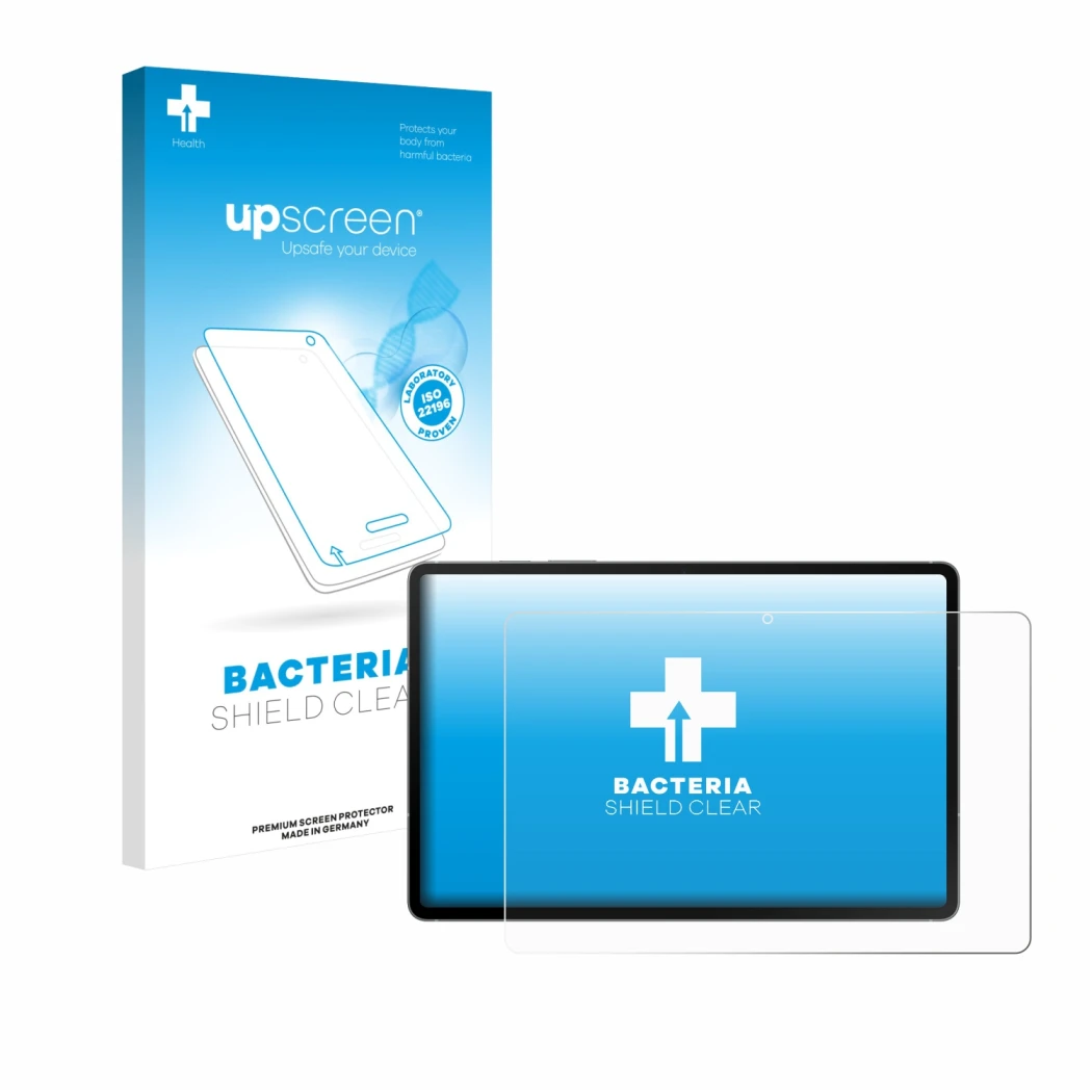 Face avant d’un emballage produit avec le logo de la marque upscreen. À côté, l’appareil Samsung Galaxy Tab S10 FE 5G est repr