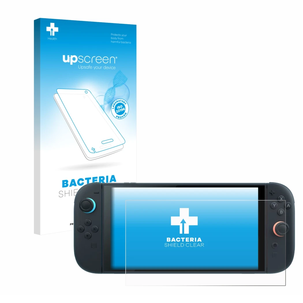 Face avant d’un emballage produit avec le logo de la marque upscreen. À côté, l’appareil Nintendo Switch 2 est représenté avec