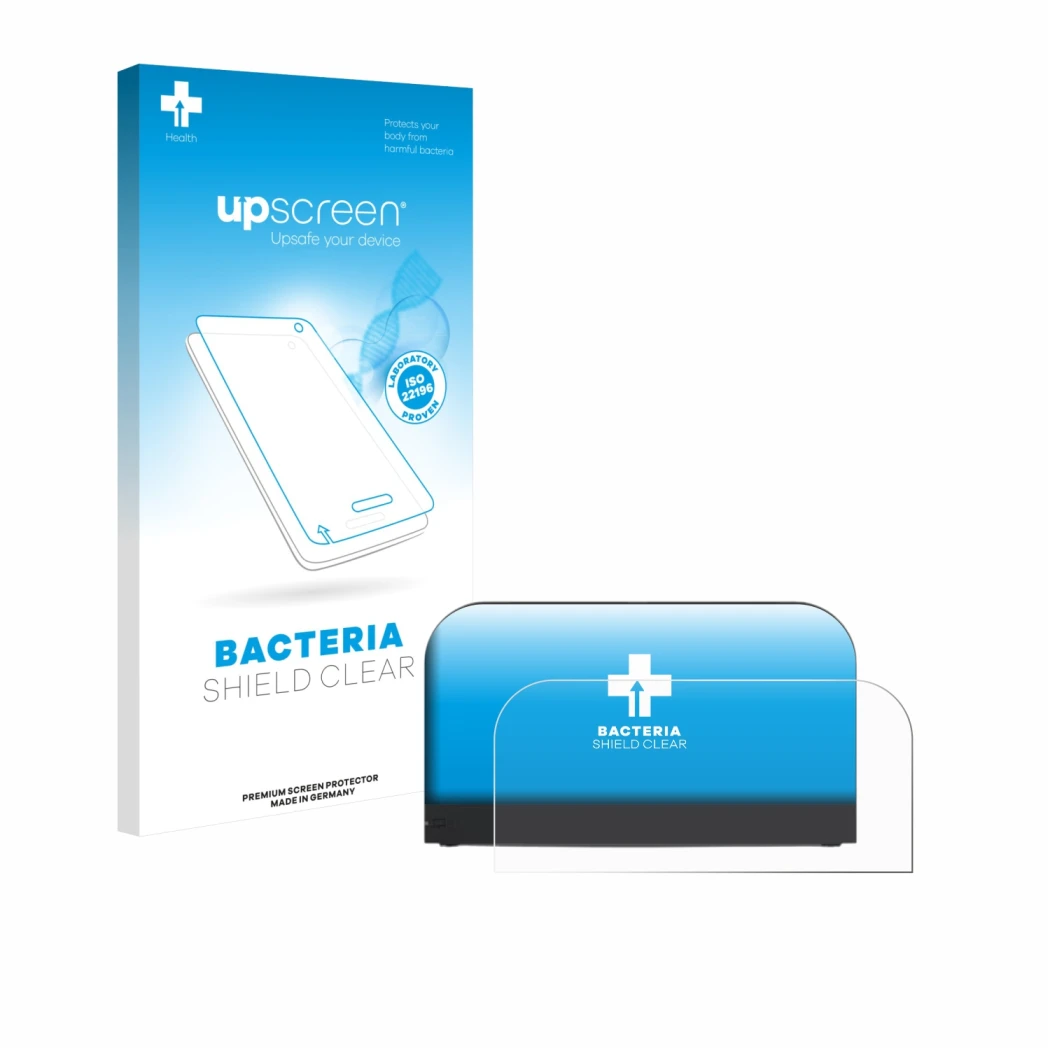 Face avant d’un emballage produit avec le logo de la marque upscreen. À côté, l’appareil Nintendo Switch 2 Station est représe