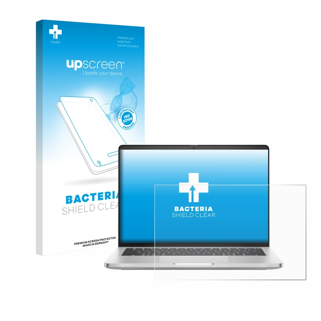Face avant d’un emballage produit avec le logo de la marque upscreen. À côté, l’appareil Dell Pro 14 Plus PB14250 est représen