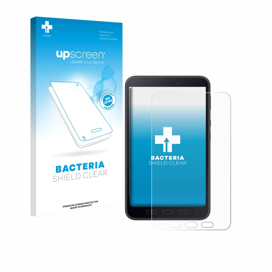 Face avant d’un emballage produit avec le logo de la marque upscreen. À côté, l’appareil Samsung galaxy Tab Active 5 5G Enterp