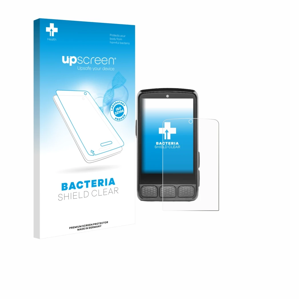 Face avant d’un emballage produit avec le logo de la marque upscreen. À côté, l’appareil Wahoo Elemnt Roam V3 est représenté a