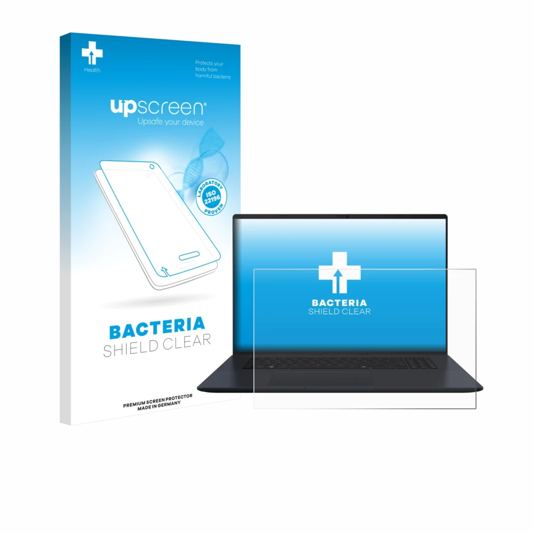 Face avant d’un emballage produit avec le logo de la marque upscreen. À côté, l’appareil ASUS Vivobook 18 M1807 est représenté