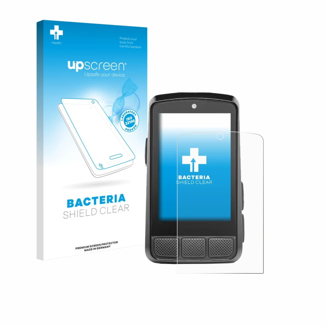 Face avant d’un emballage produit avec le logo de la marque upscreen. À côté, l’appareil Wahoo Elemnt Bolt 3 est représenté av
