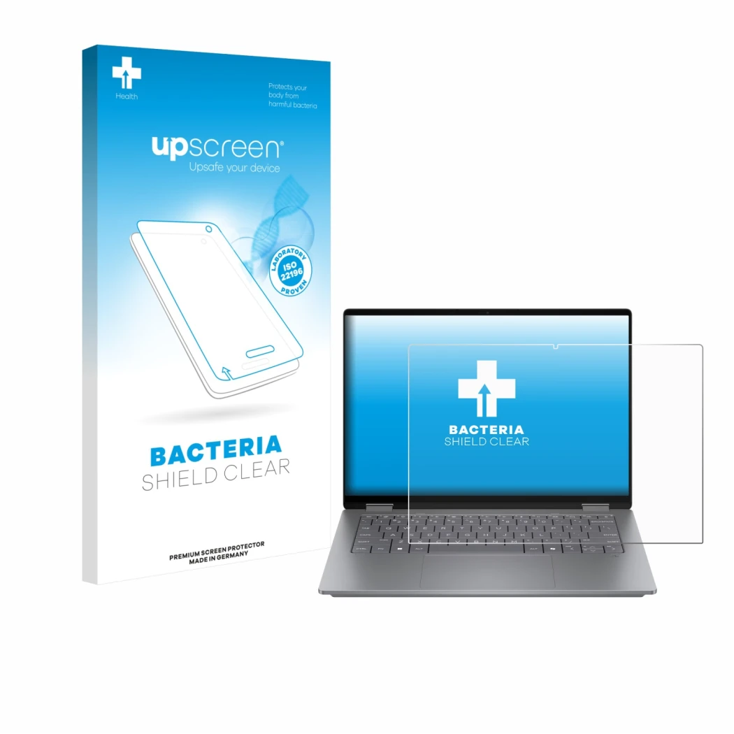 Face avant d’un emballage produit avec le logo de la marque upscreen. À côté, l’appareil HP OmniBook X Flip 14 est représenté 