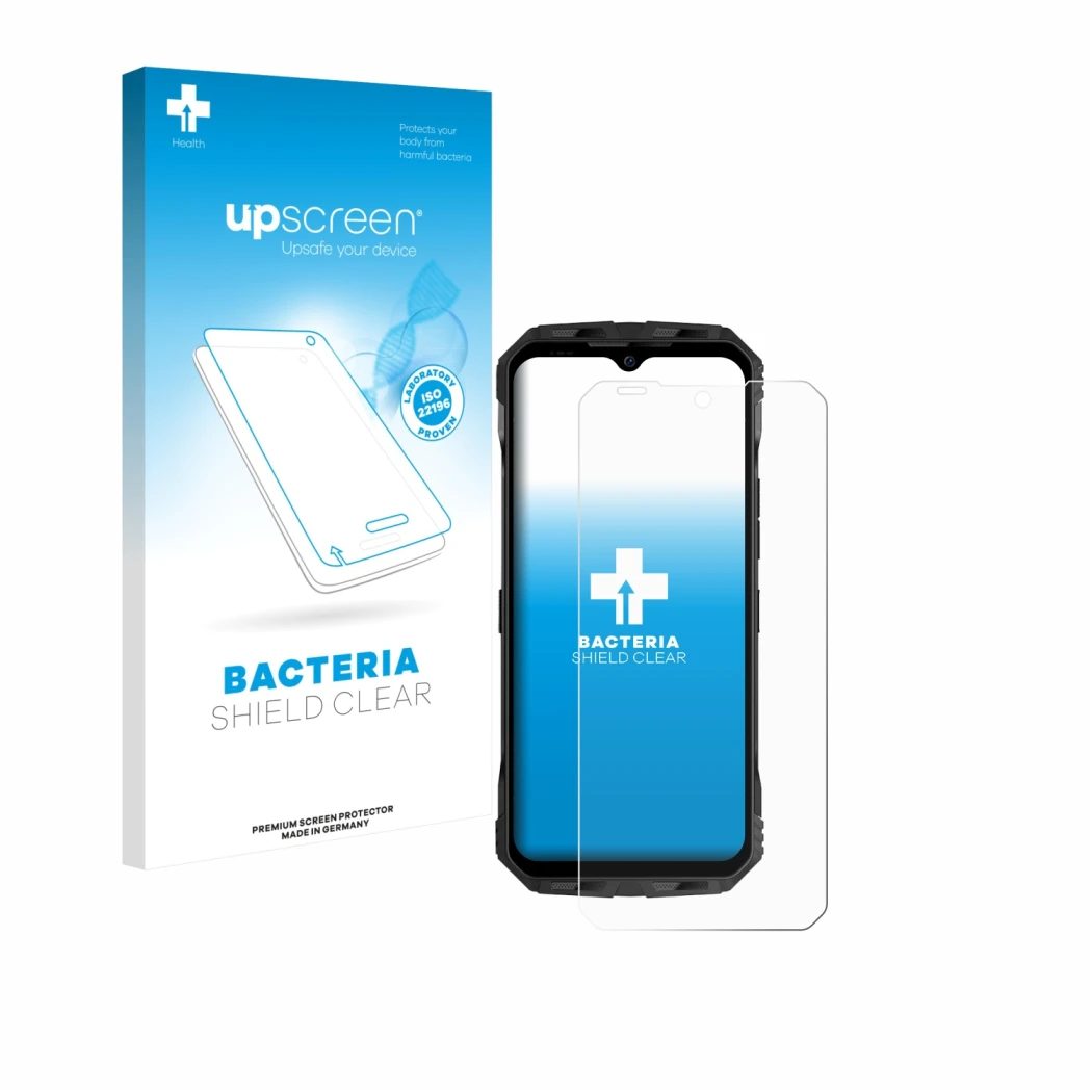 Face avant d’un emballage produit avec le logo de la marque upscreen. À côté, l’appareil Doogee V Max S est représenté avec la