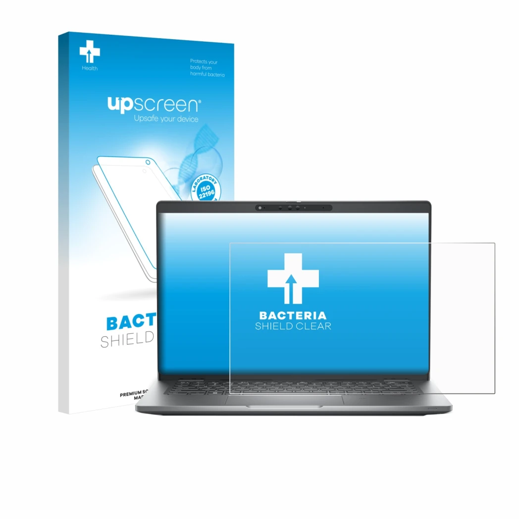 Face avant d’un emballage produit avec le logo de la marque upscreen. À côté, l’appareil Dell Latitude 5330 est représenté ave