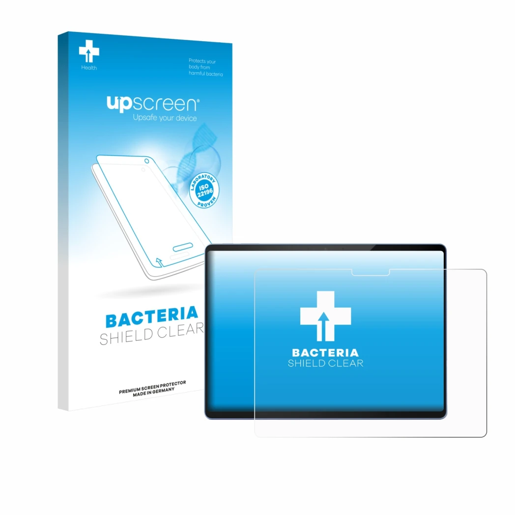 Face avant d’un emballage produit avec le logo de la marque upscreen. À côté, l’appareil Microsoft Surface Pro 13 2025 est rep
