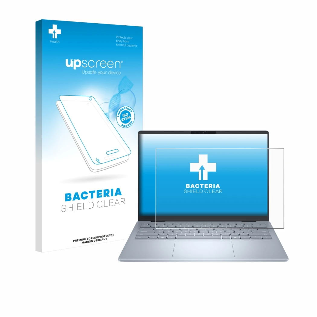 Face avant d’un emballage produit avec le logo de la marque upscreen. À côté, l’appareil Dell 14 Plus Laptop est représenté av