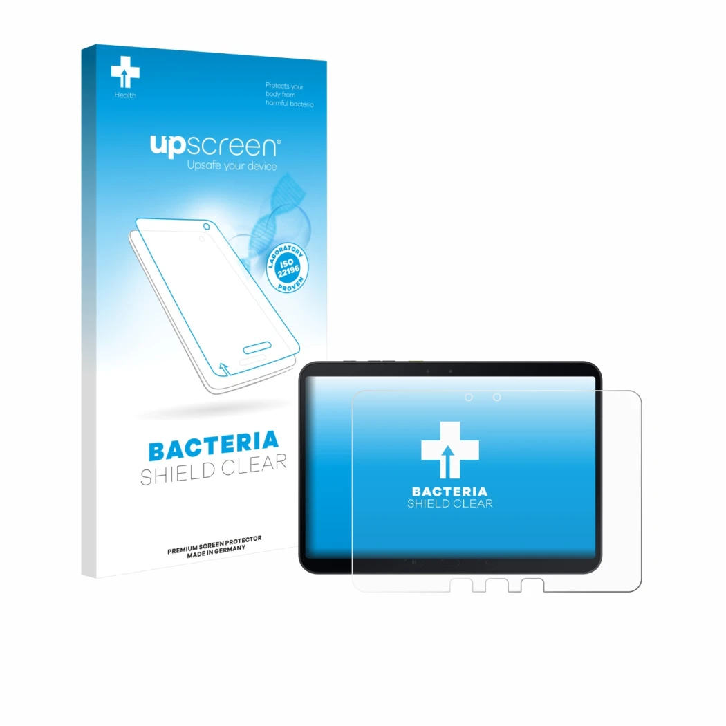 Face avant d’un emballage produit avec le logo de la marque upscreen. À côté, l’appareil Samsung Galaxy Tab Active 5 Pro est r