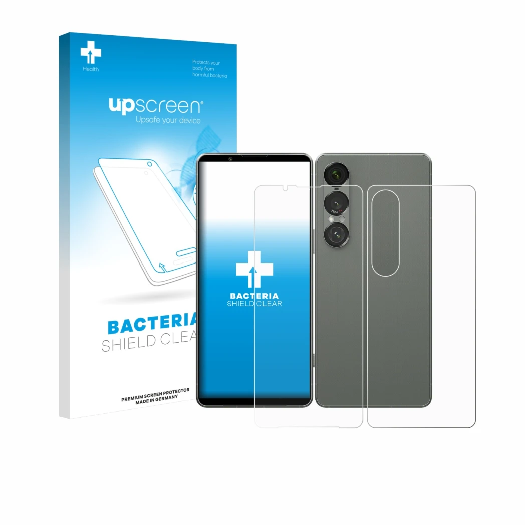 Face avant d’un emballage produit avec le logo de la marque upscreen. À côté, l’appareil Sony Xperia 1 VII (Avant+Arrière) est