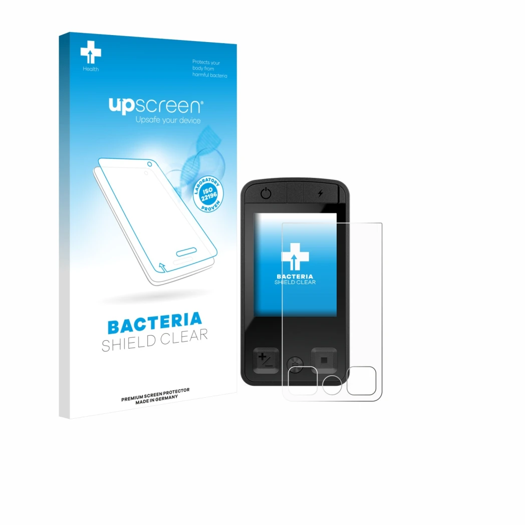 Face avant d’un emballage produit avec le logo de la marque upscreen. À côté, l’appareil Bosch Kiox 400C est représenté avec l