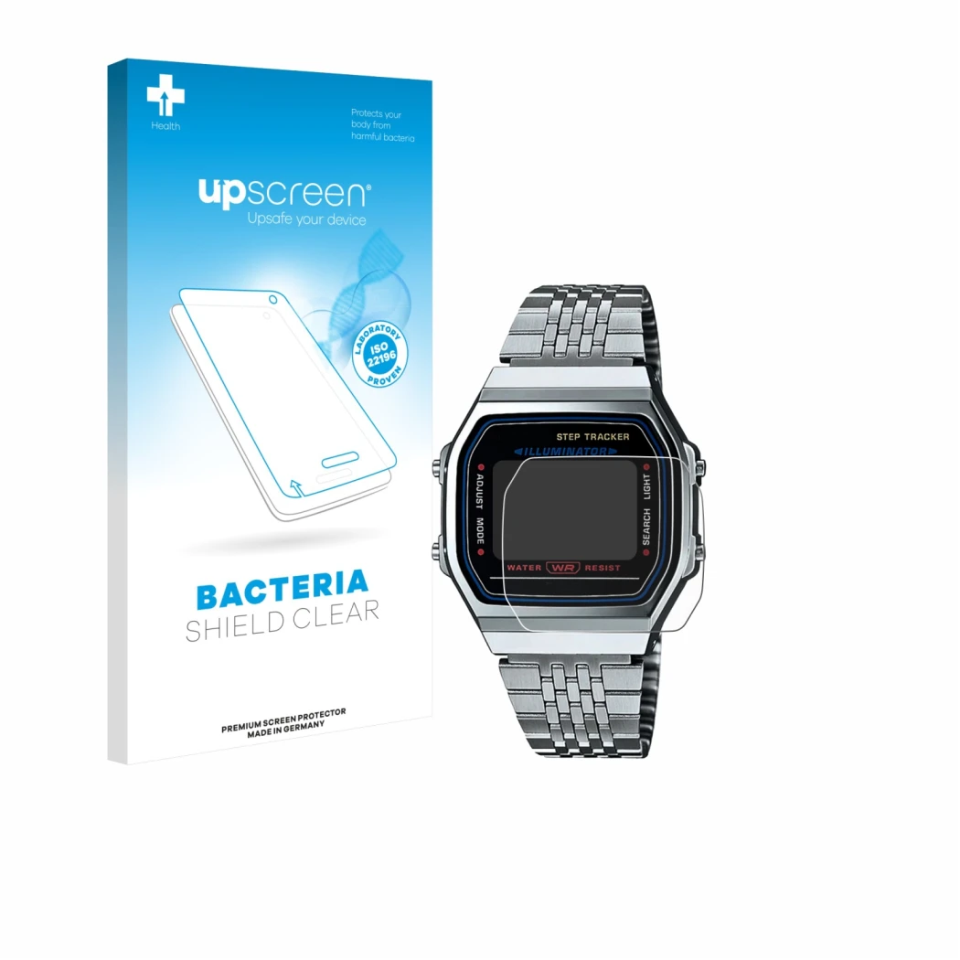 Face avant d’un emballage produit avec le logo de la marque upscreen. À côté, l’appareil Casio iconic ABL-100WE-1A est représe