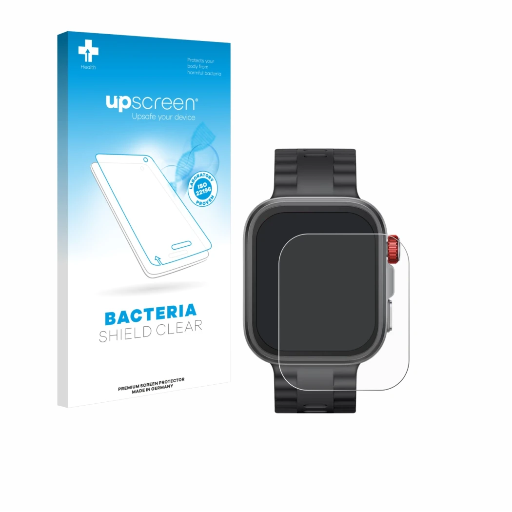 Face avant d’un emballage produit avec le logo de la marque upscreen. À côté, l’appareil Huawei Watch Fit 4 Pro est représenté