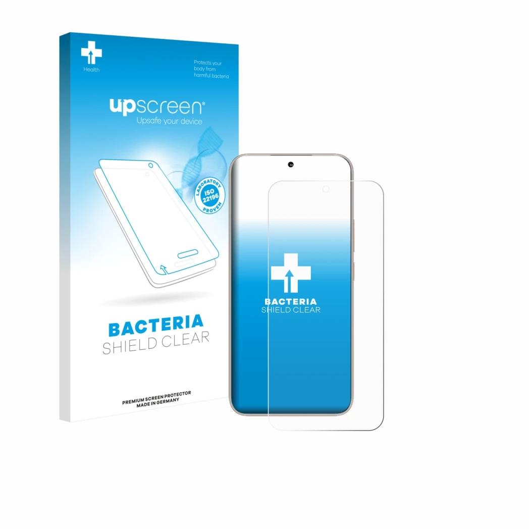 Face avant d’un emballage produit avec le logo de la marque upscreen. À côté, l’appareil Honor 400 est représenté avec la prot