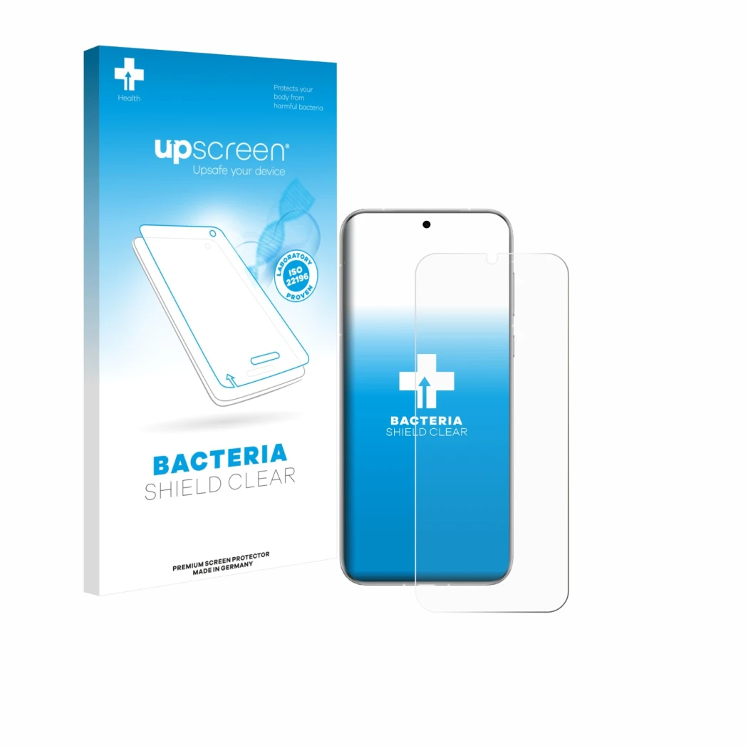 Face avant d’un emballage produit avec le logo de la marque upscreen. À côté, l’appareil Huawei Pura 80 Pro est représenté ave