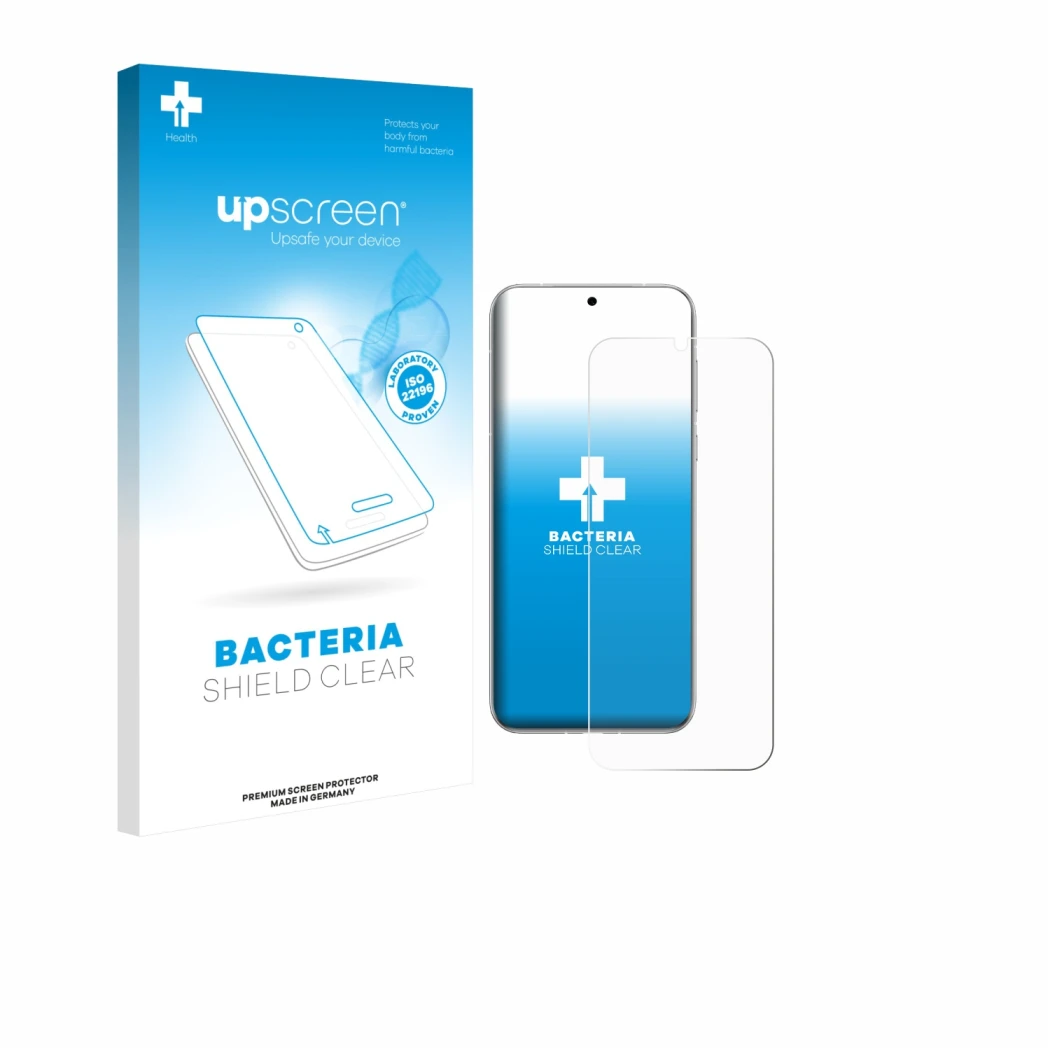 Face avant d’un emballage produit avec le logo de la marque upscreen. À côté, l’appareil Huawei Pura 80 Ultra est représenté a