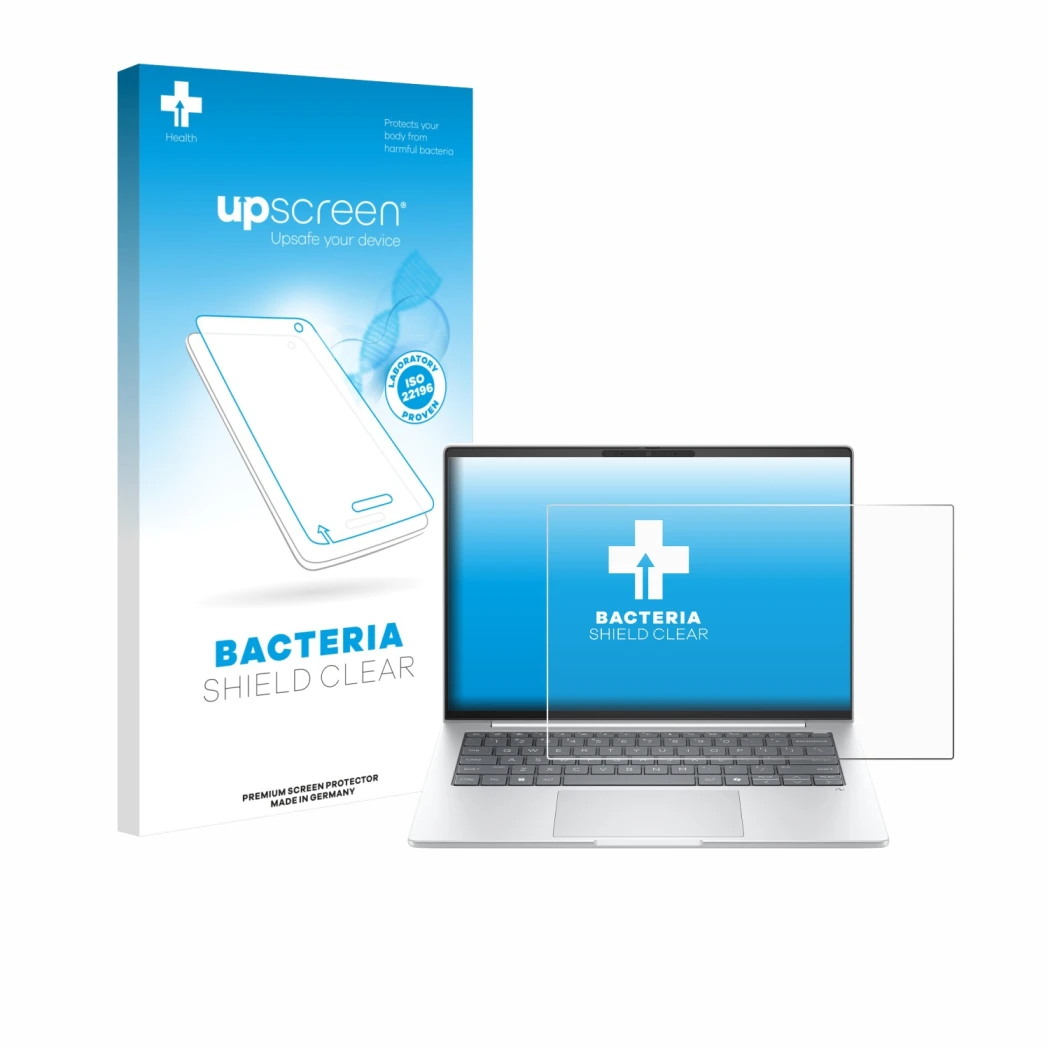 Face avant d’un emballage produit avec le logo de la marque upscreen. À côté, l’appareil HP EliteBook 8 G1i 14