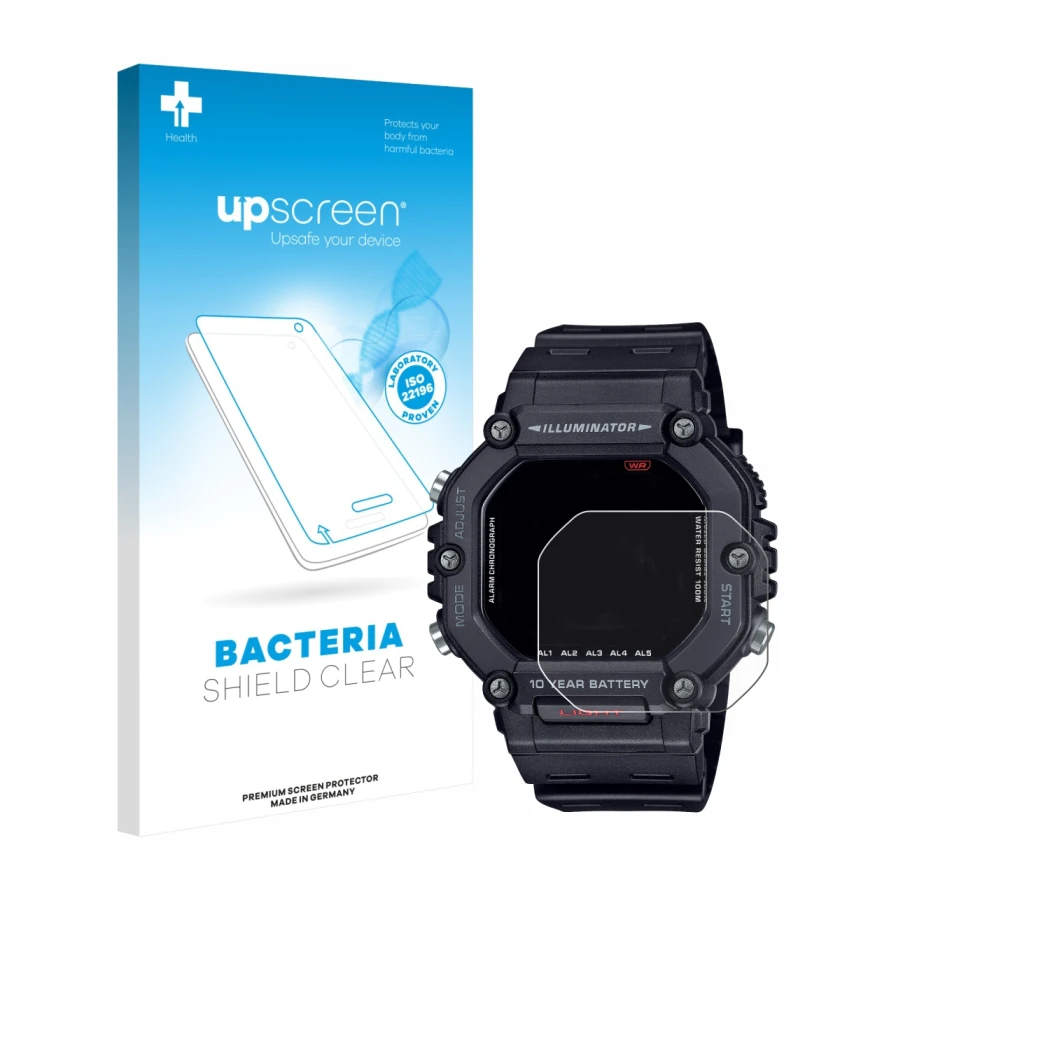 Face avant d’un emballage produit avec le logo de la marque upscreen. À côté, l’appareil Casio AE-1600H est représenté avec la