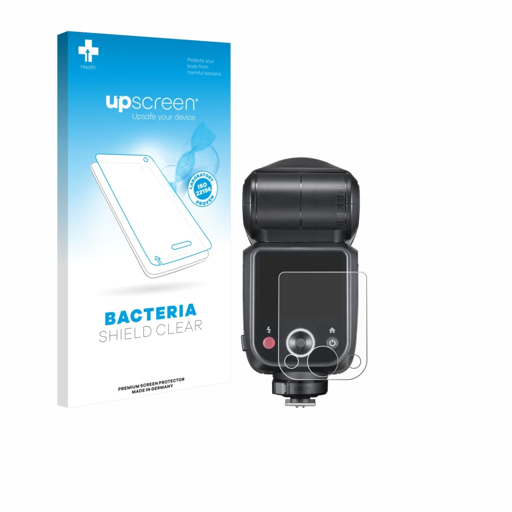 Face avant d’un emballage produit avec le logo de la marque upscreen. À côté, l’appareil Godox V100 est représenté avec la pro