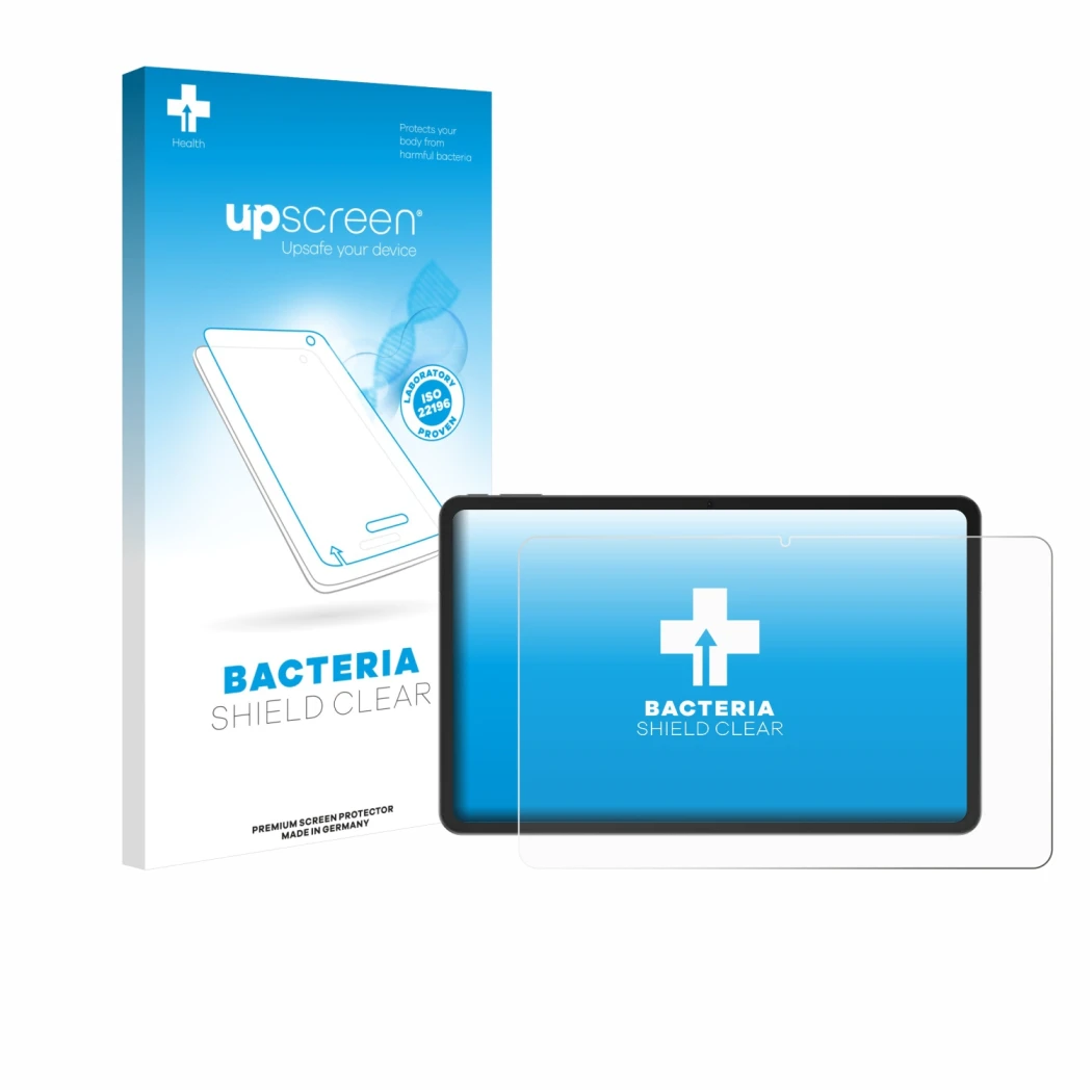 Face avant d’un emballage produit avec le logo de la marque upscreen. À côté, l’appareil Doogee V Pad 12
