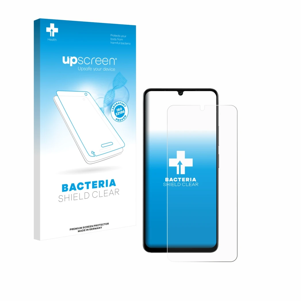 Face avant d’un emballage produit avec le logo de la marque upscreen. À côté, l’appareil Doogee Note 59 Pro Plus est représent