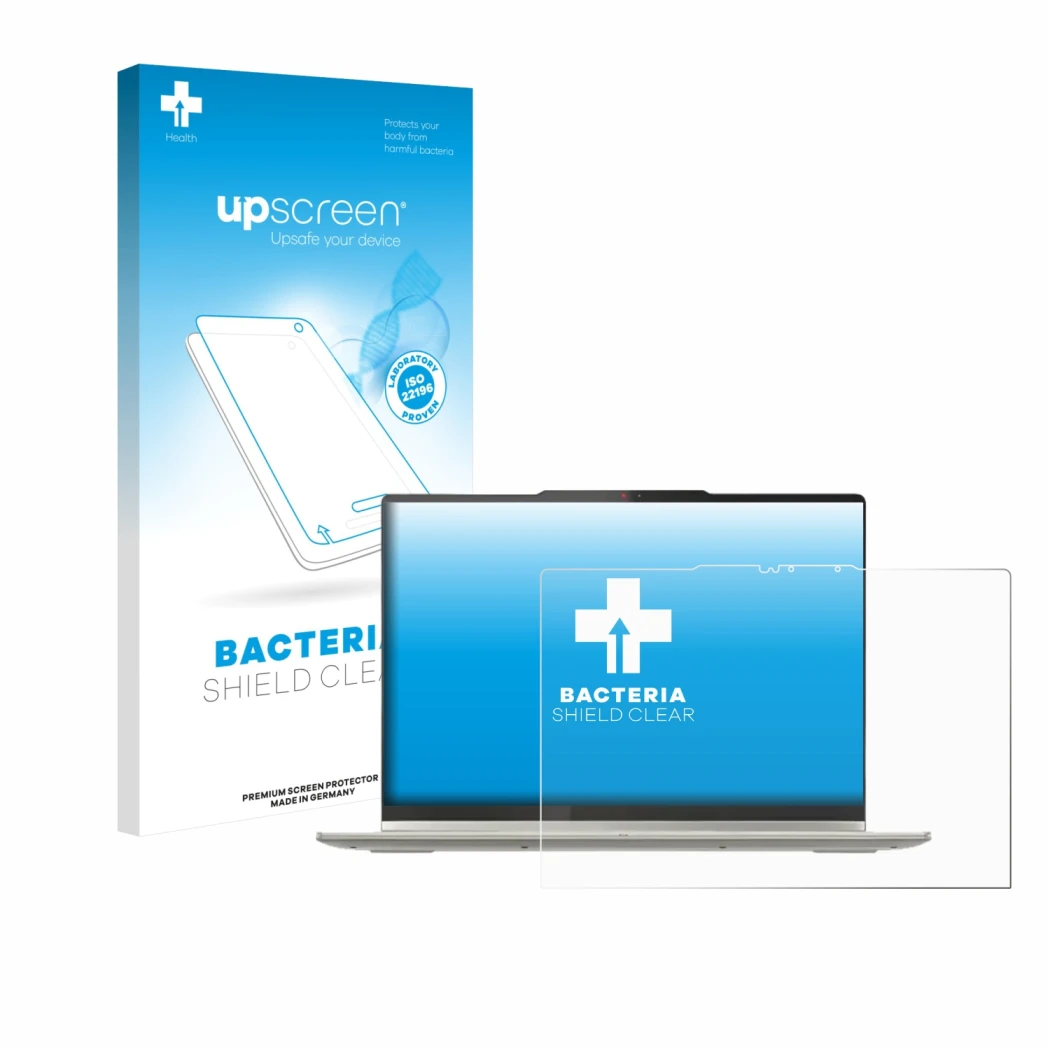 Face avant d’un emballage produit avec le logo de la marque upscreen. À côté, l’appareil Lenovo Yoga 7 2-in-1 Gen 10 14