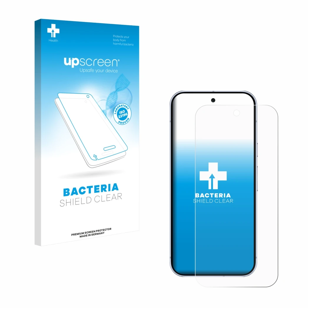 Face avant d’un emballage produit avec le logo de la marque upscreen. À côté, l’appareil Google Pixel 10 Pro est représenté av