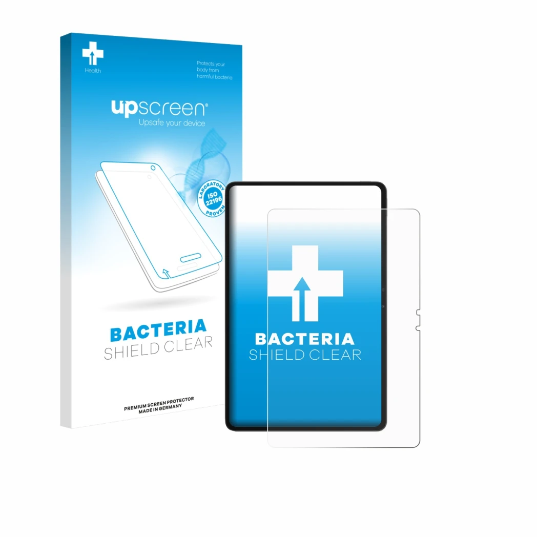 Face avant d’un emballage produit avec le logo de la marque upscreen. À côté, l’appareil Blackview MEGA 3 est représenté avec 