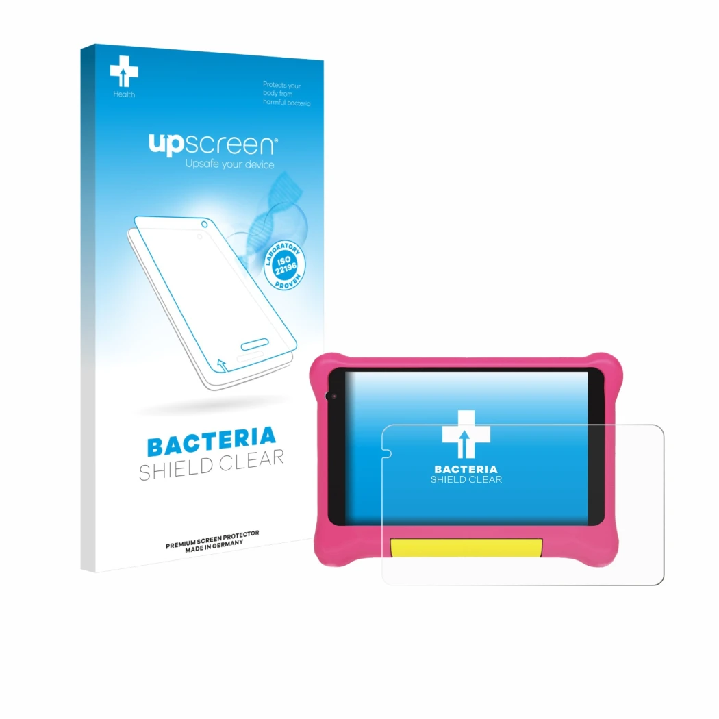 Face avant d’un emballage produit avec le logo de la marque upscreen. À côté, l’appareil Happybe Kids Tablet 7