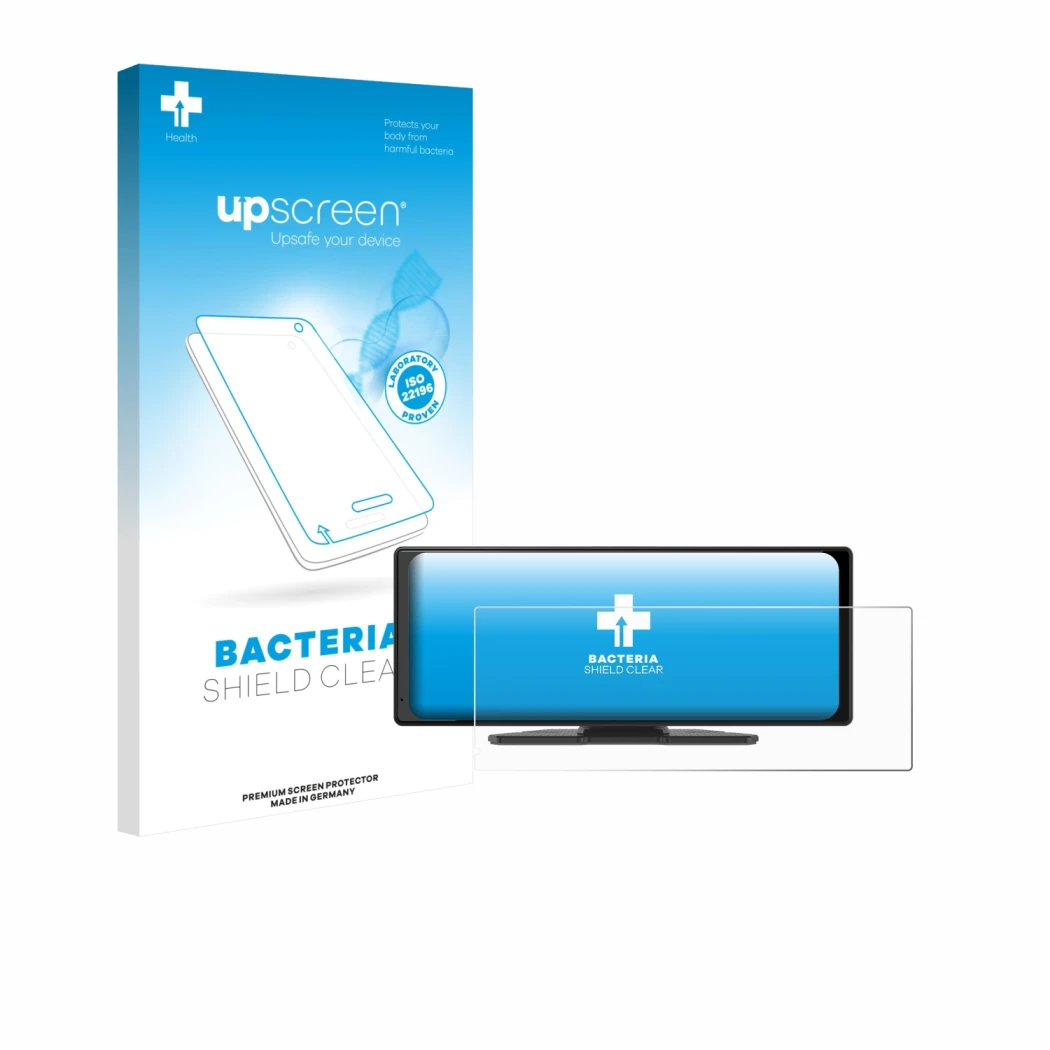 Face avant d’un emballage produit avec le logo de la marque upscreen. À côté, l’appareil Carpuride V92 10.26