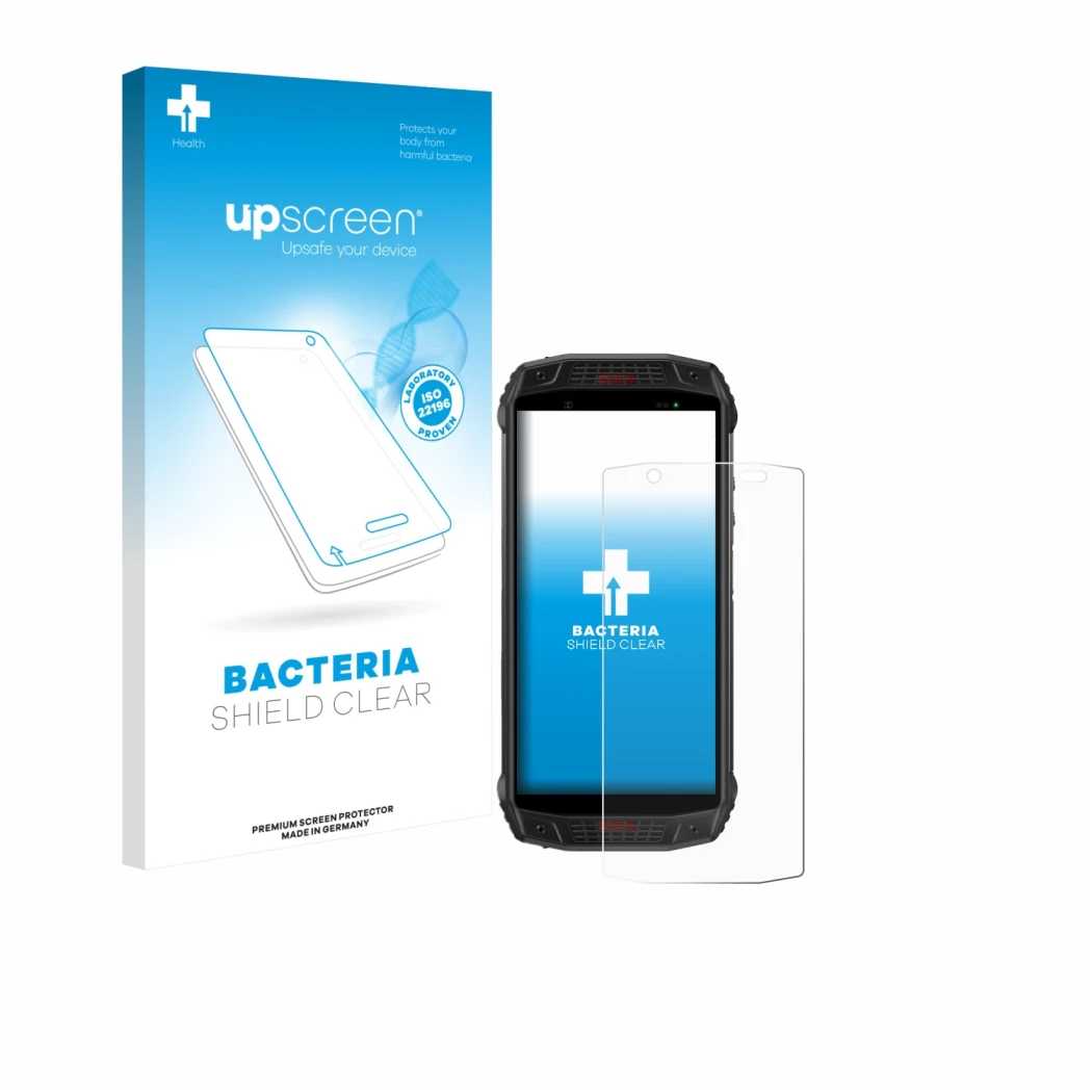 Face avant d’un emballage produit avec le logo de la marque upscreen. À côté, l’appareil Ulefone Armor 15 est représenté avec