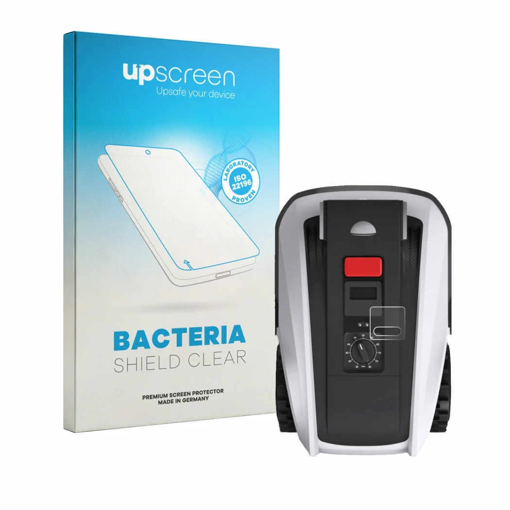 Face avant d’un emballage produit avec le logo de la marque upscreen. À côté, l’appareil Ecovacs Goat O800 RTK est représenté 