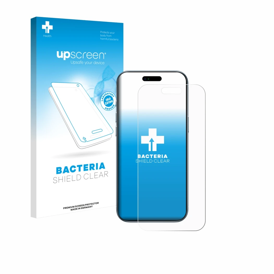 Face avant d’un emballage produit avec le logo de la marque upscreen. À côté, l’appareil Apple iPhone Air est représenté avec 