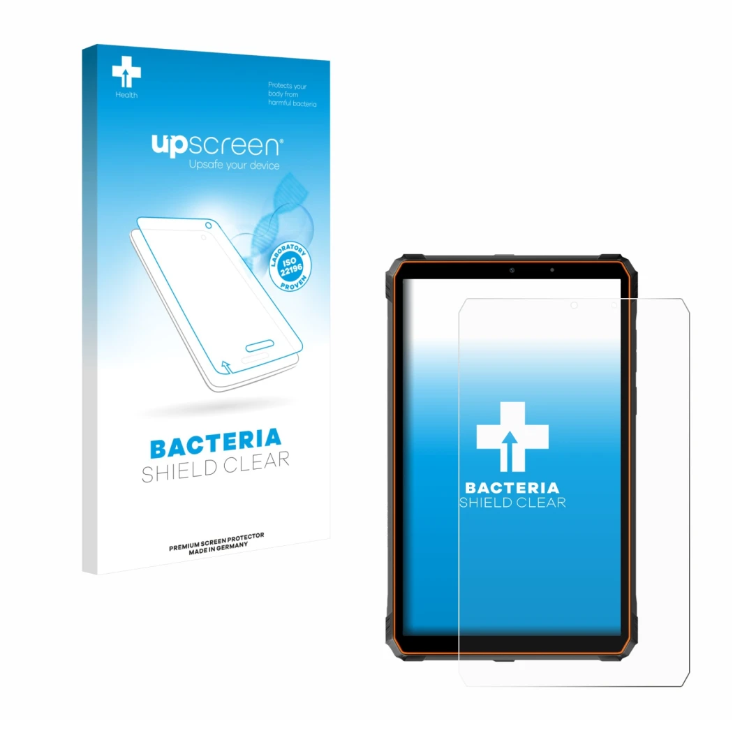 Face avant d’un emballage produit avec le logo de la marque upscreen. À côté, l’appareil Blackview Active 5 est représenté ave