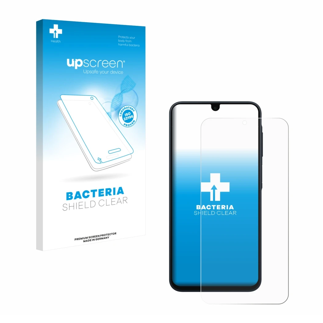 Face avant d’un emballage produit avec le logo de la marque upscreen. À côté, l’appareil Samsung Galaxy A17 4G est représenté